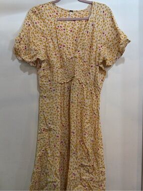 Free People Yellow Floral Midi Dress with Pink Accents